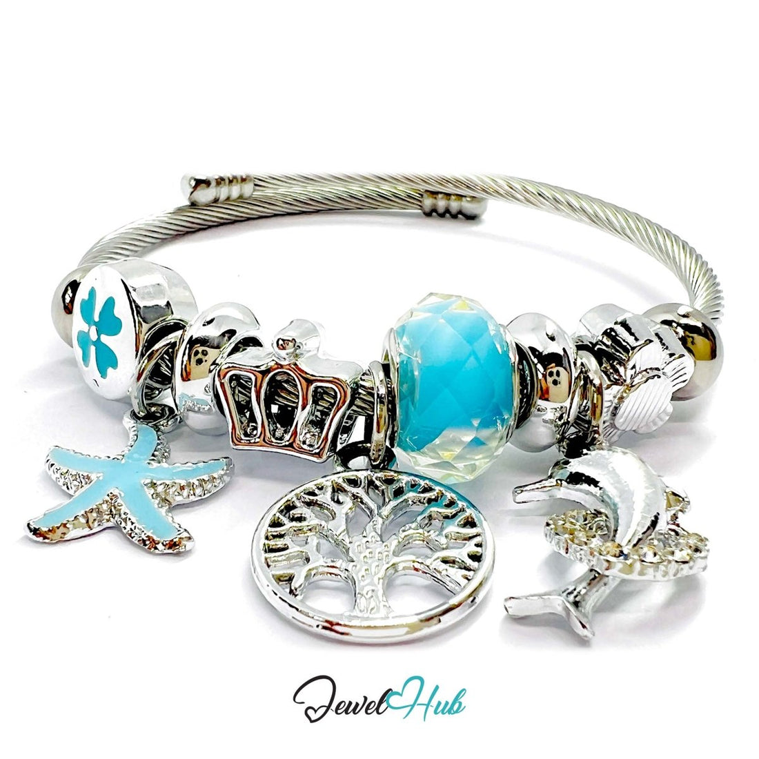 Silver Stainless Steel Cyan Tree of Life Ocean Charm Bangle - JewelHub.co.uk
