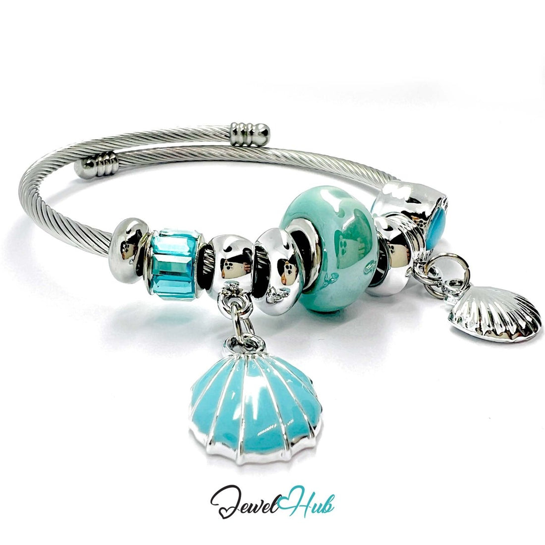 Silver Stainless Steel Cyan Twin Shell Charm Bangle - JewelHub.co.uk