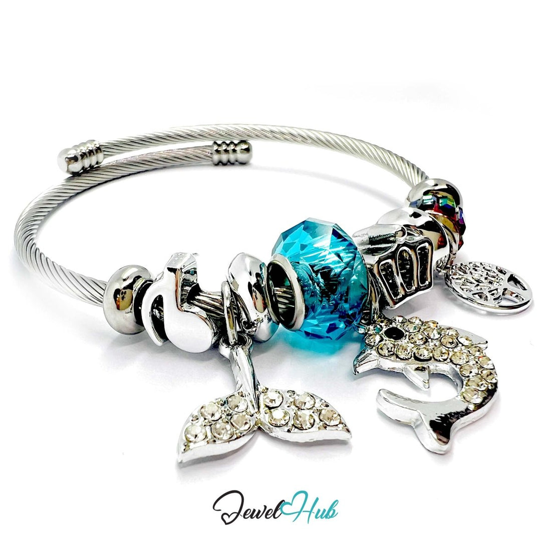 Silver Stainless Steel Cyan Whale, Fishtail & Tree Charm Bangle - JewelHub.co.uk