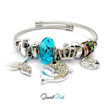 Silver Stainless Steel Cyan Whale, Fishtail & Tree Charm Bangle - JewelHub.co.uk
