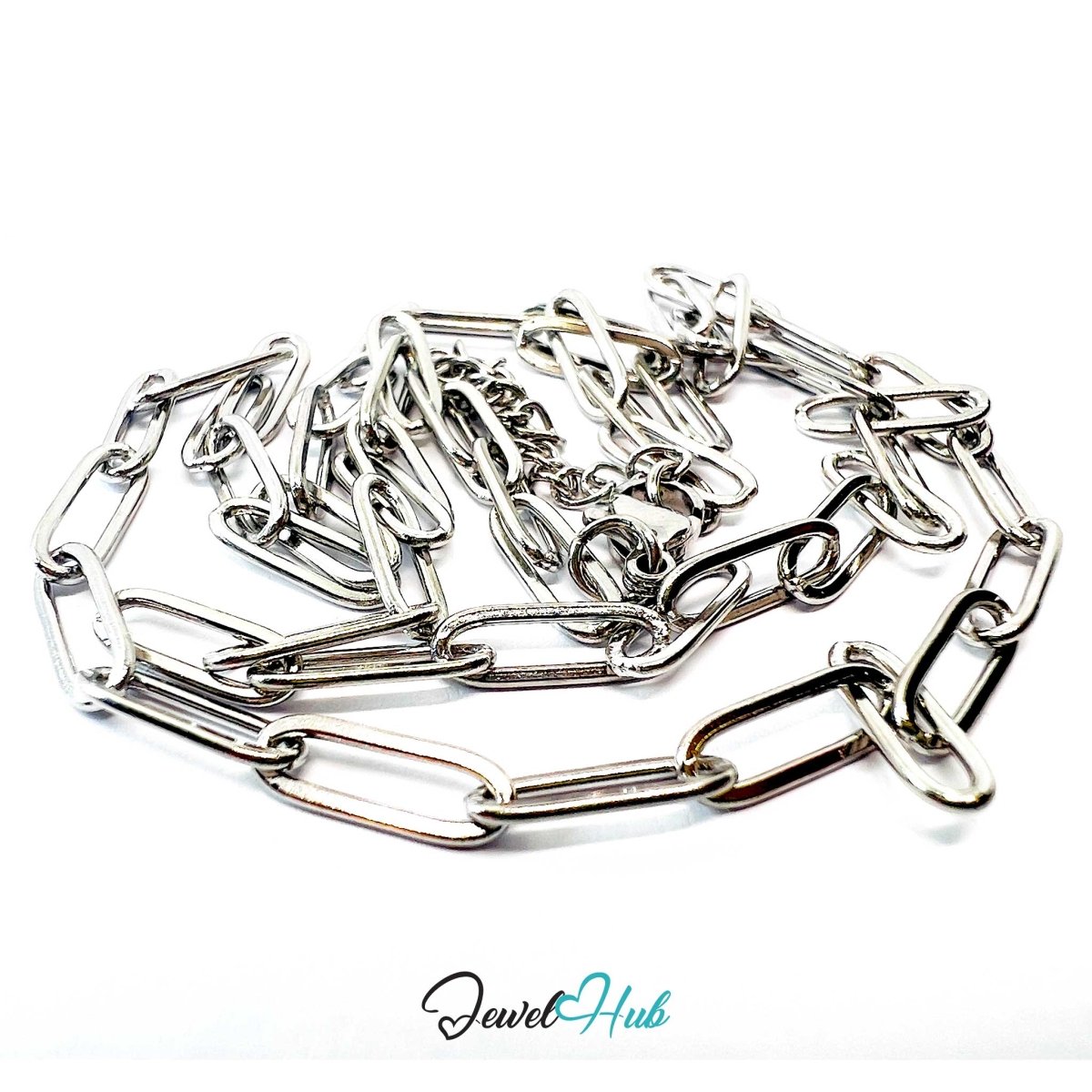 Silver Stainless Steel Paperclip Chain Necklace 4×12mm | 55+5cm - JewelHub.co.uk
