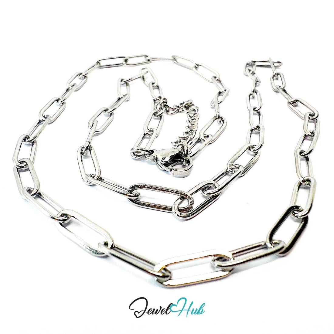 Silver Stainless Steel Paperclip Chain Necklace 4×12mm | 55+5cm - JewelHub.co.uk