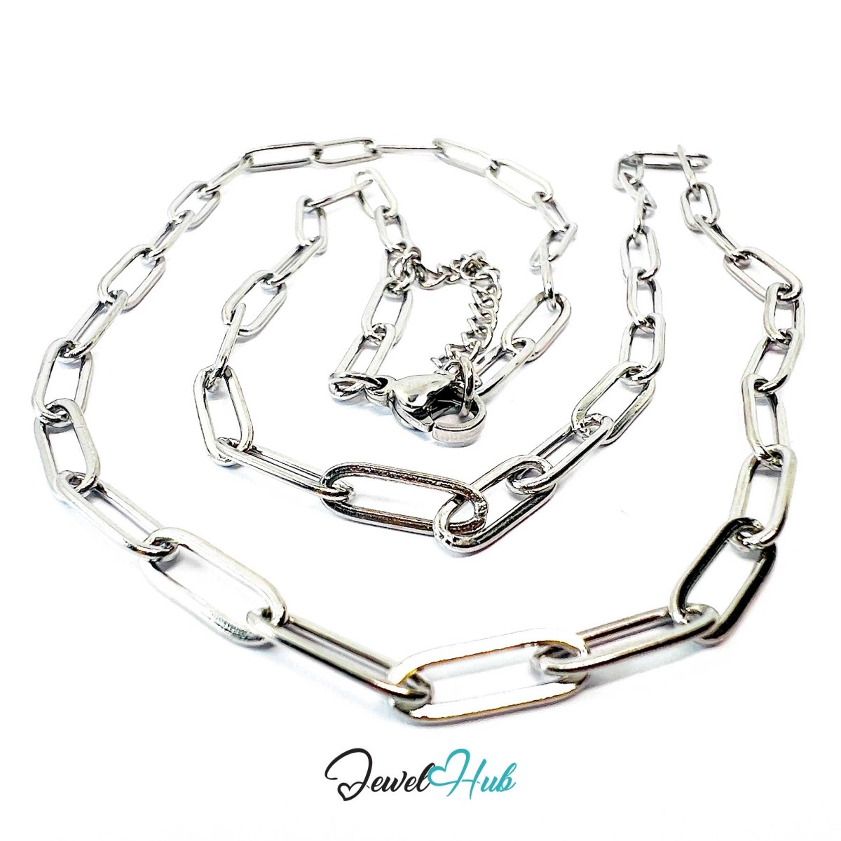 Silver Stainless Steel Paperclip Chain Necklace 4×12mm | 55+5cm - JewelHub.co.uk