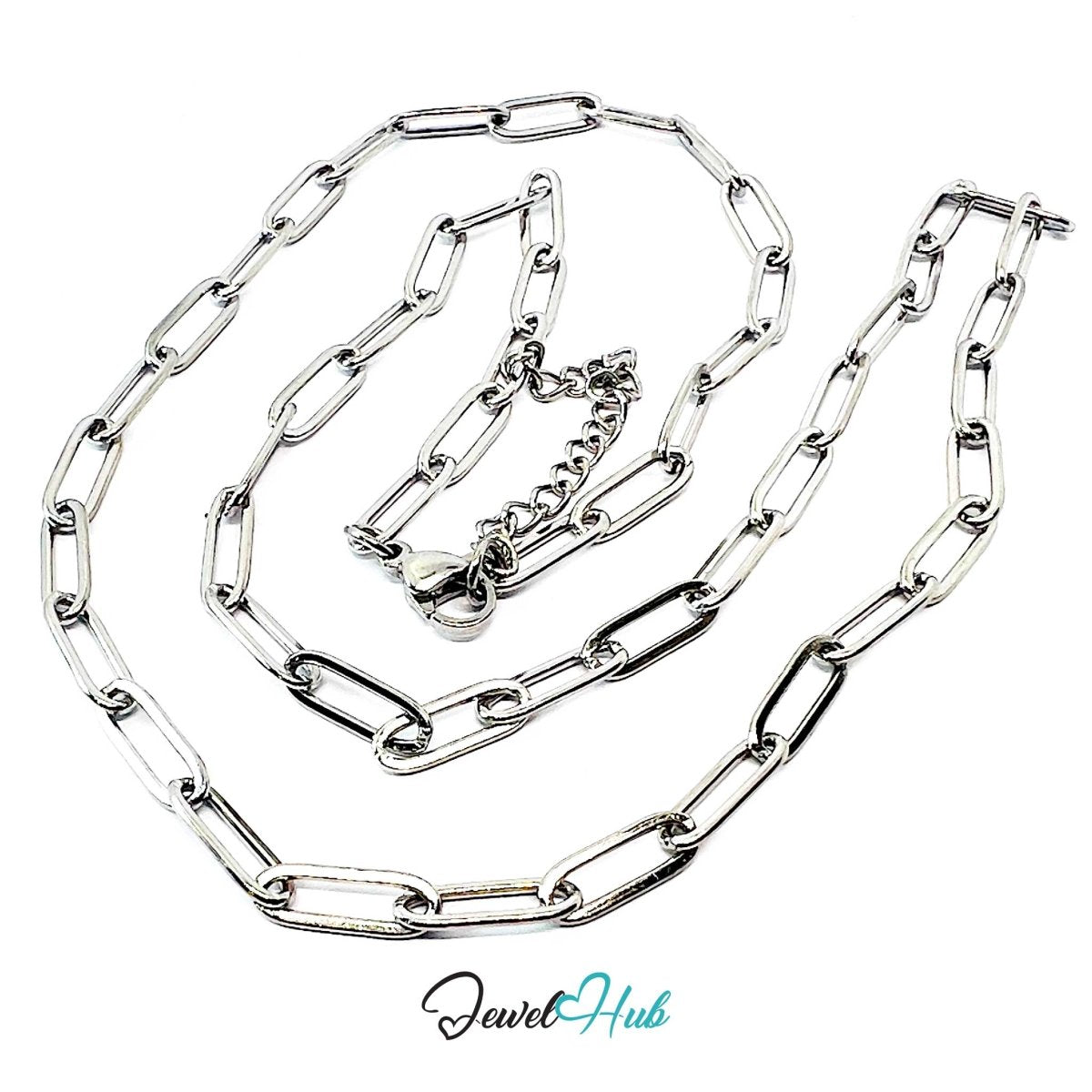 Silver Stainless Steel Paperclip Chain Necklace 4×12mm | 55+5cm - JewelHub.co.uk
