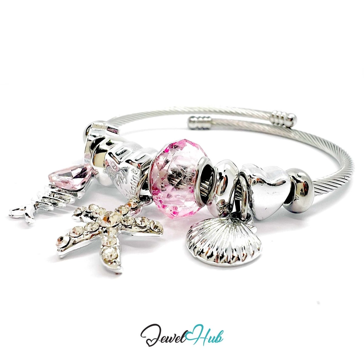 Silver Stainless Steel Pink Fishbone, Starfish & Shell Charm Bangle - JewelHub.co.uk