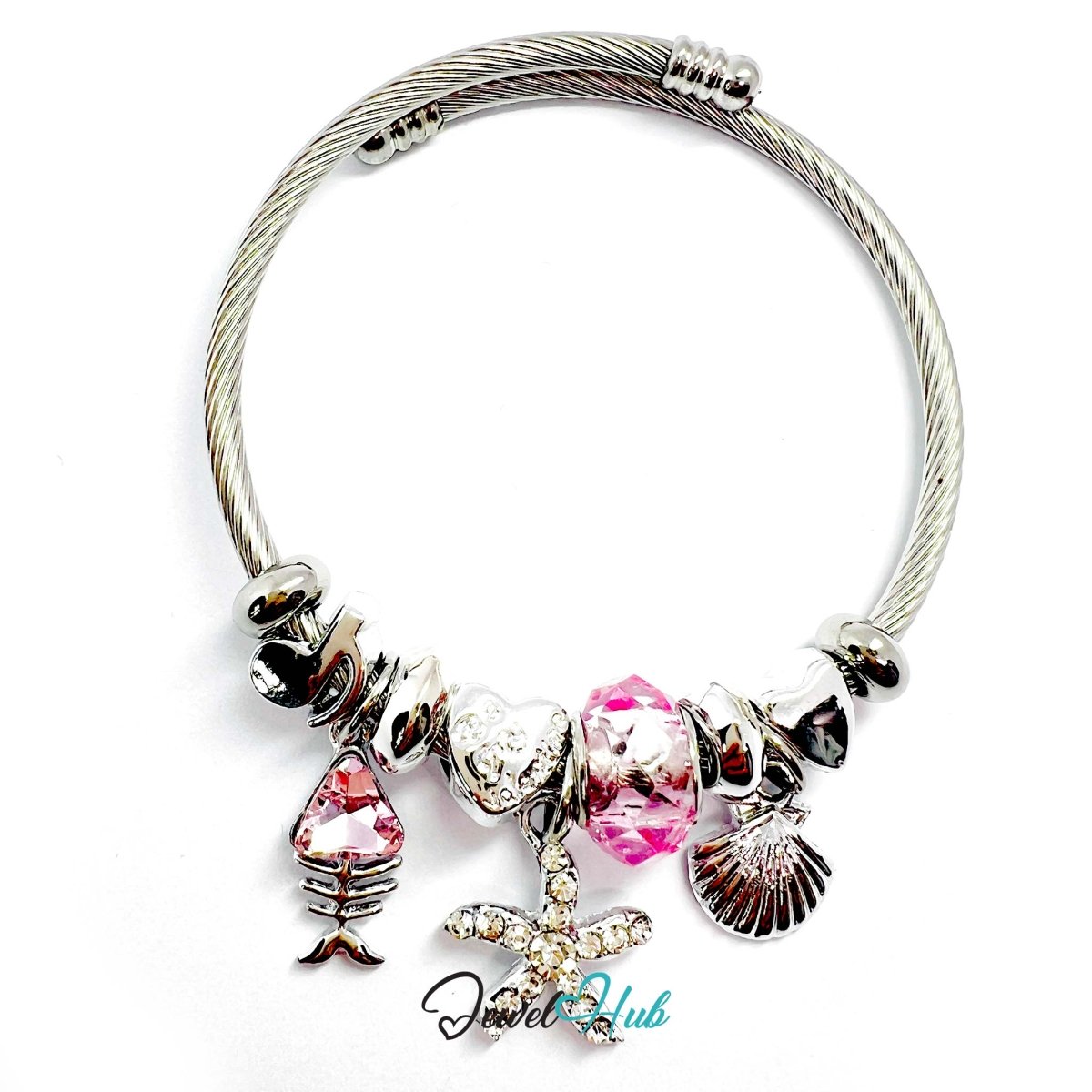 Silver Stainless Steel Pink Fishbone, Starfish & Shell Charm Bangle - JewelHub.co.uk