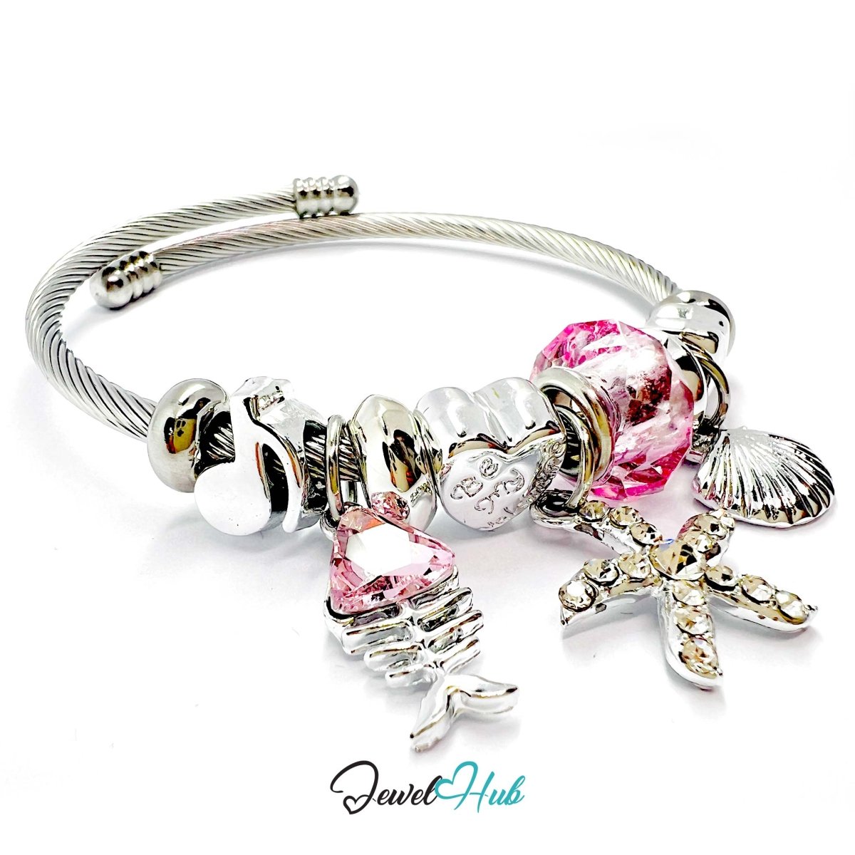 Silver Stainless Steel Pink Fishbone, Starfish & Shell Charm Bangle - JewelHub.co.uk