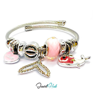 Silver Stainless Steel Pink Fishtail, Love & Whale Charm Bangle - JewelHub.co.uk