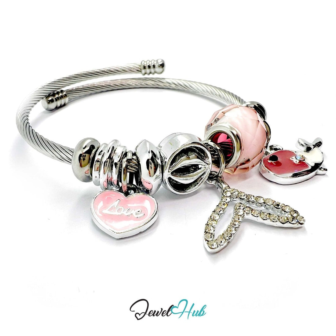 Silver Stainless Steel Pink Fishtail, Love & Whale Charm Bangle - JewelHub.co.uk