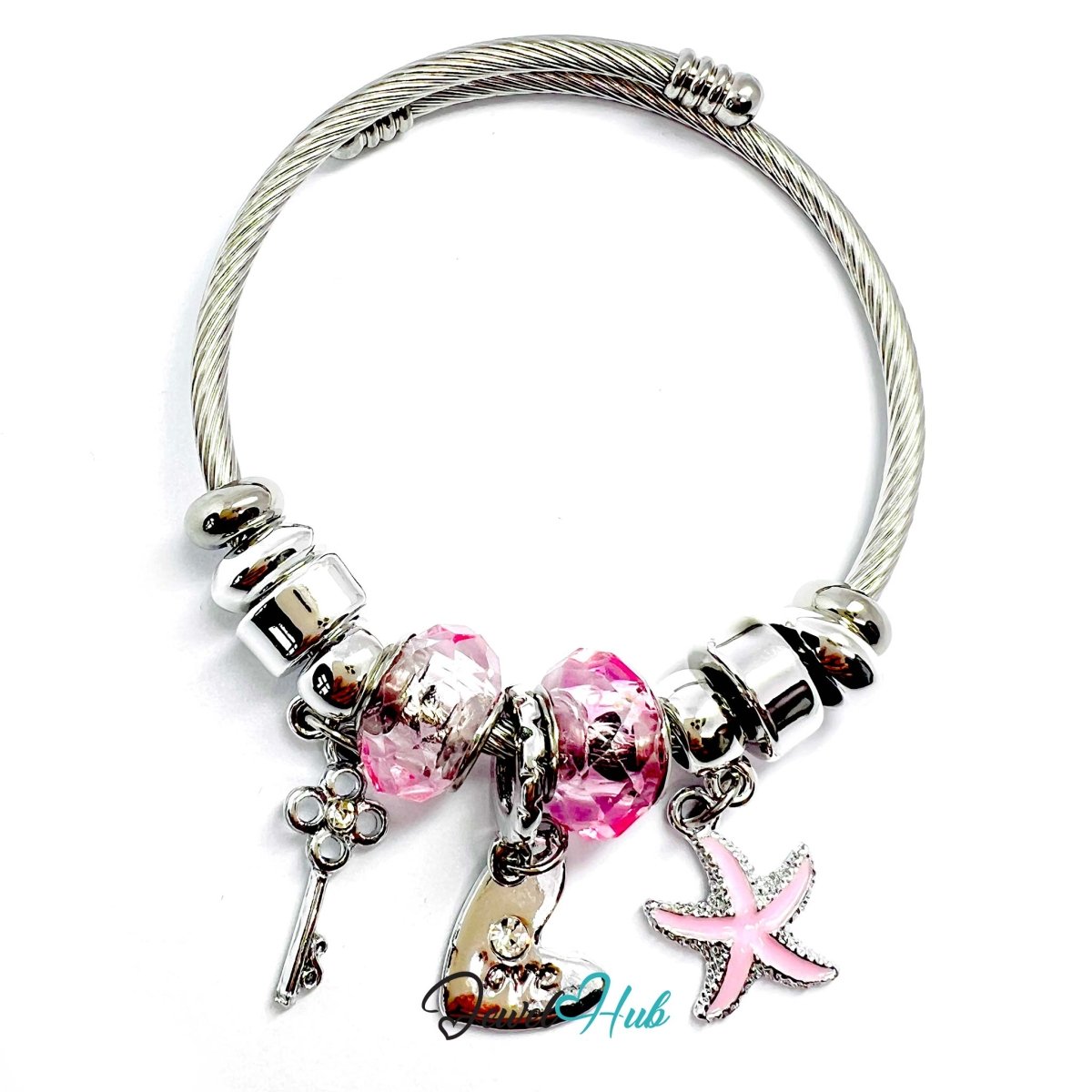 Silver Stainless Steel Pink Heart Key Starfish Charm Bangle - JewelHub.co.uk