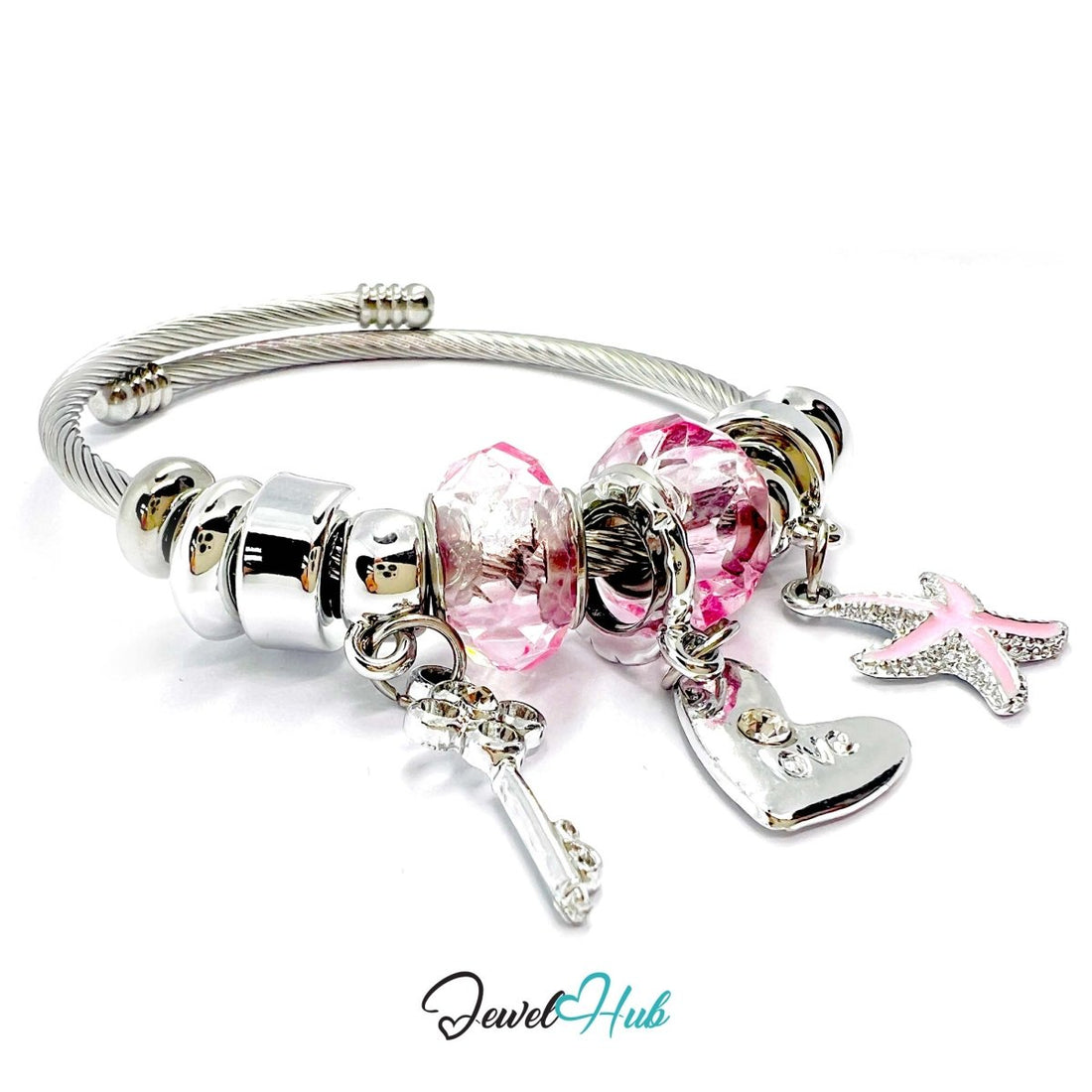 Silver Stainless Steel Pink Heart Key Starfish Charm Bangle - JewelHub.co.uk