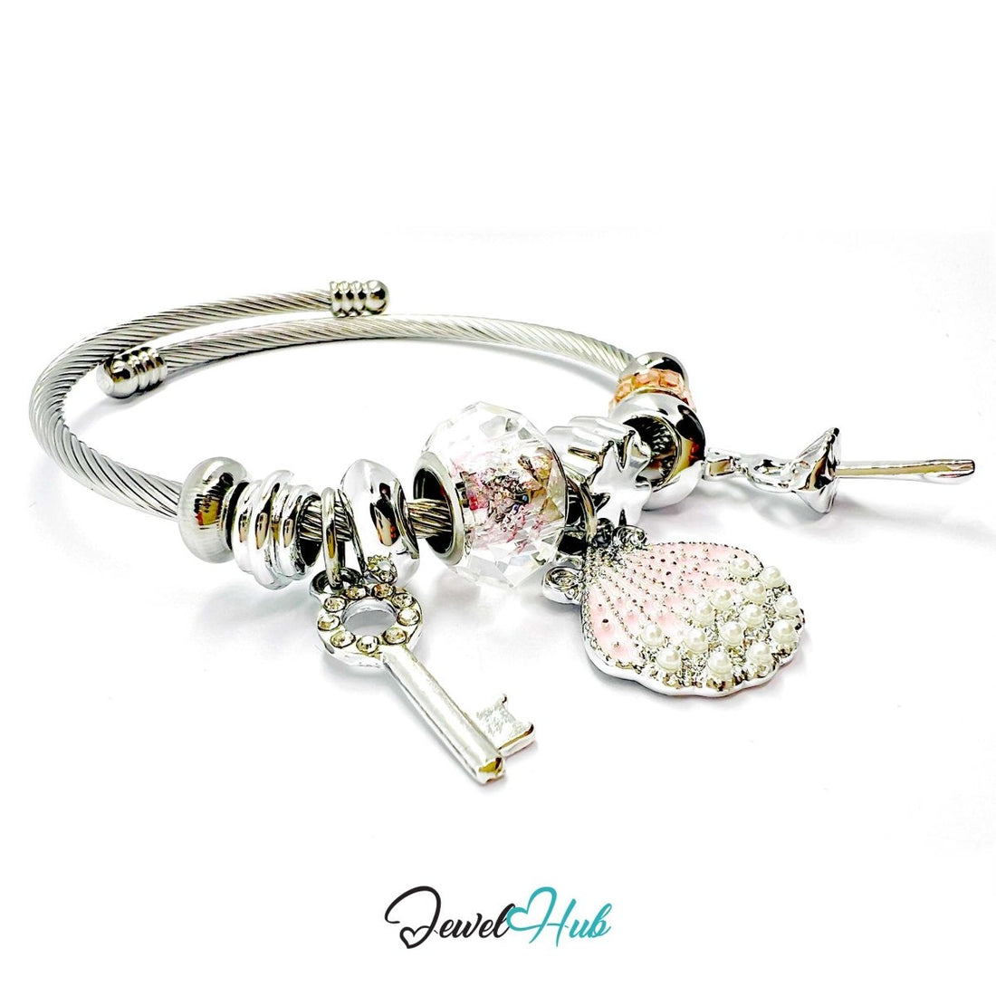 Silver Stainless Steel Pink Pearl Shell, Key & Ballet Charm Bangle - JewelHub.co.uk