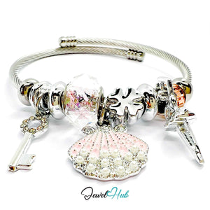 Silver Stainless Steel Pink Pearl Shell, Key & Ballet Charm Bangle - JewelHub.co.uk