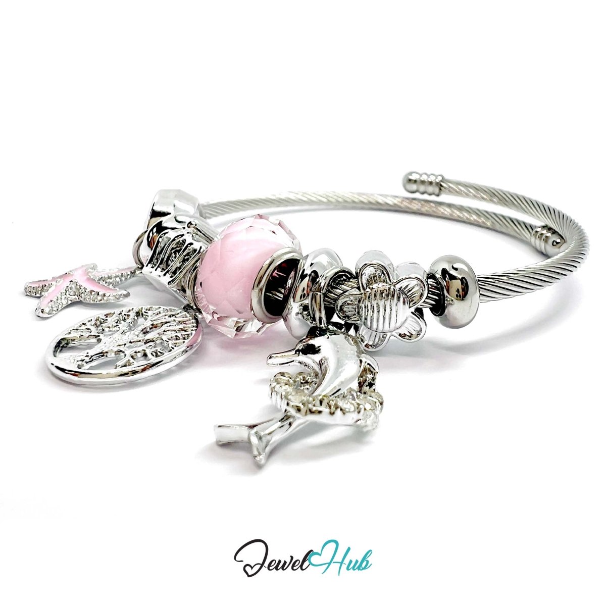Silver Stainless Steel Pink Tree of Life Ocean Charm Bangle - JewelHub.co.uk