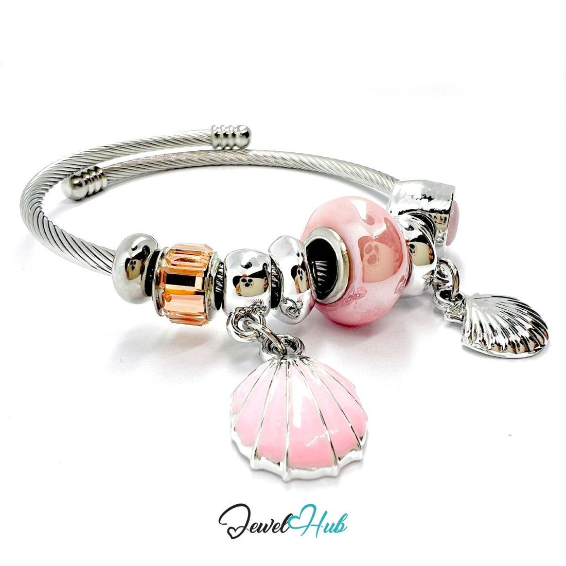 Silver Stainless Steel Pink Twin Shell Charm Bangle - JewelHub.co.uk