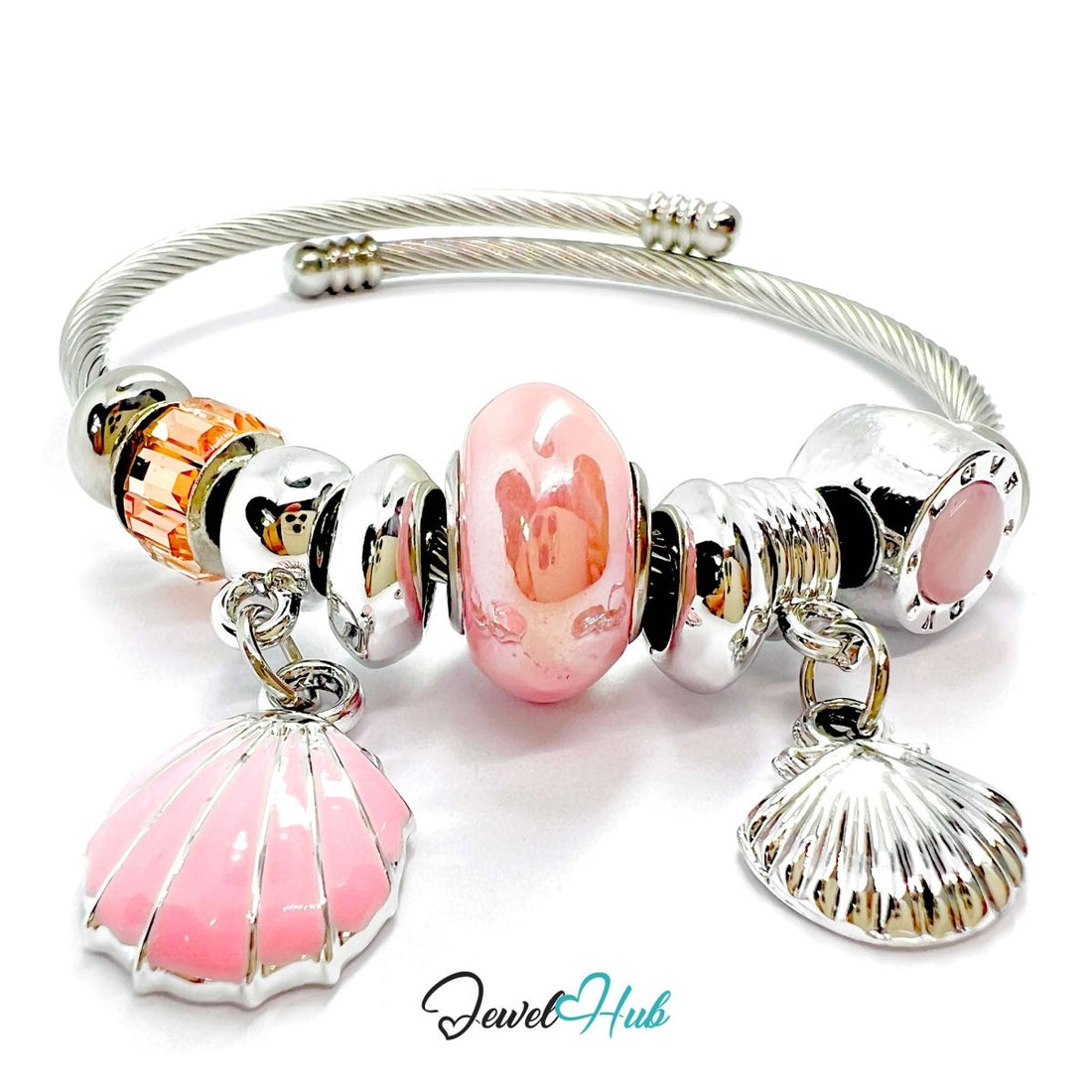 Silver Stainless Steel Pink Twin Shell Charm Bangle - JewelHub.co.uk