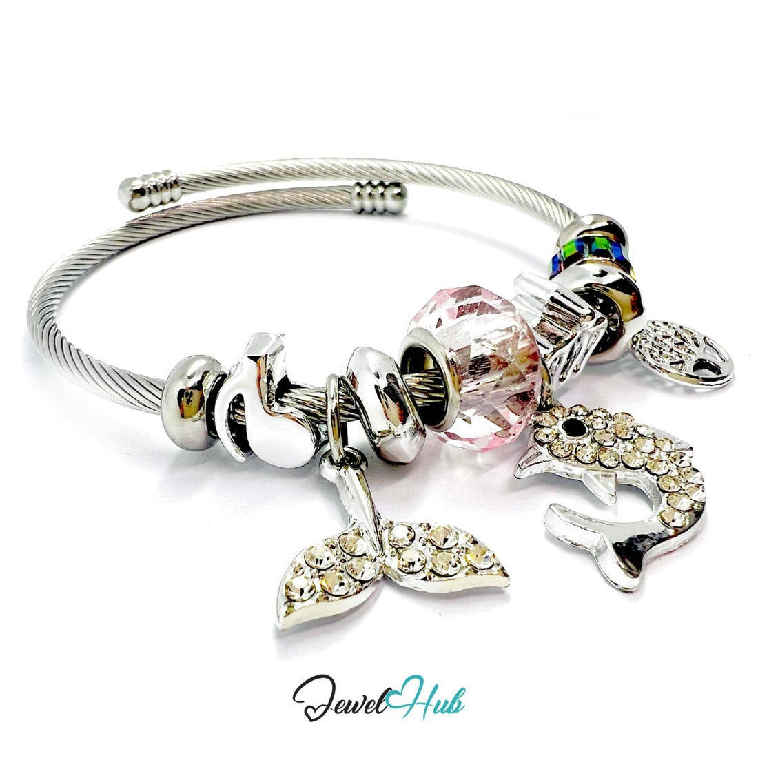 Silver Stainless Steel Pink Whale, Fishtail & Tree Charm Bangle - JewelHub.co.uk