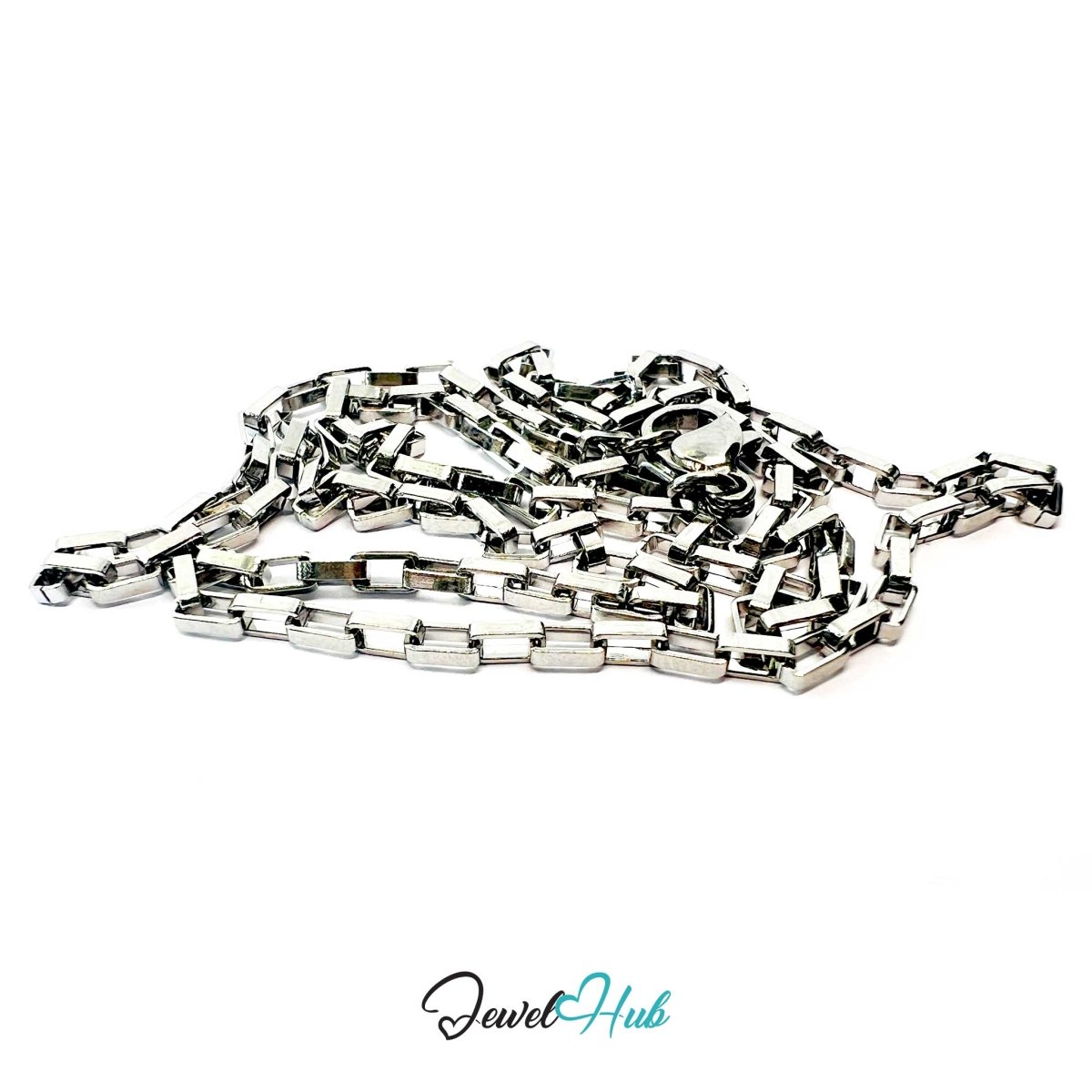 Silver Stainless Steel Rectangular Box Chain Necklace 2×3.5mm | 45cm or 60cm - JewelHub.co.uk
