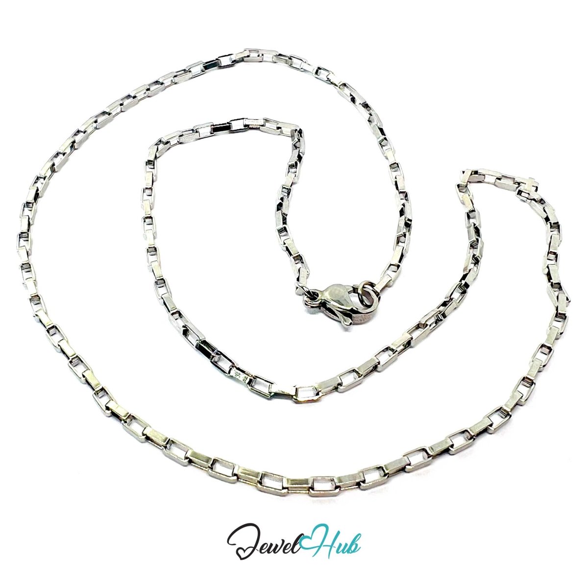 Silver Stainless Steel Rectangular Box Chain Necklace 2×3.5mm | 45cm or 60cm - JewelHub.co.uk