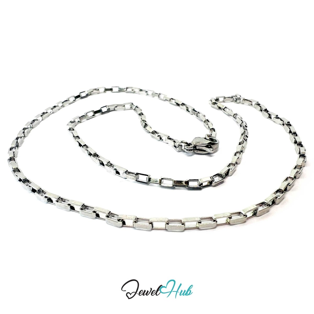 Silver Stainless Steel Rectangular Box Chain Necklace 2×3.5mm | 45cm or 60cm - JewelHub.co.uk