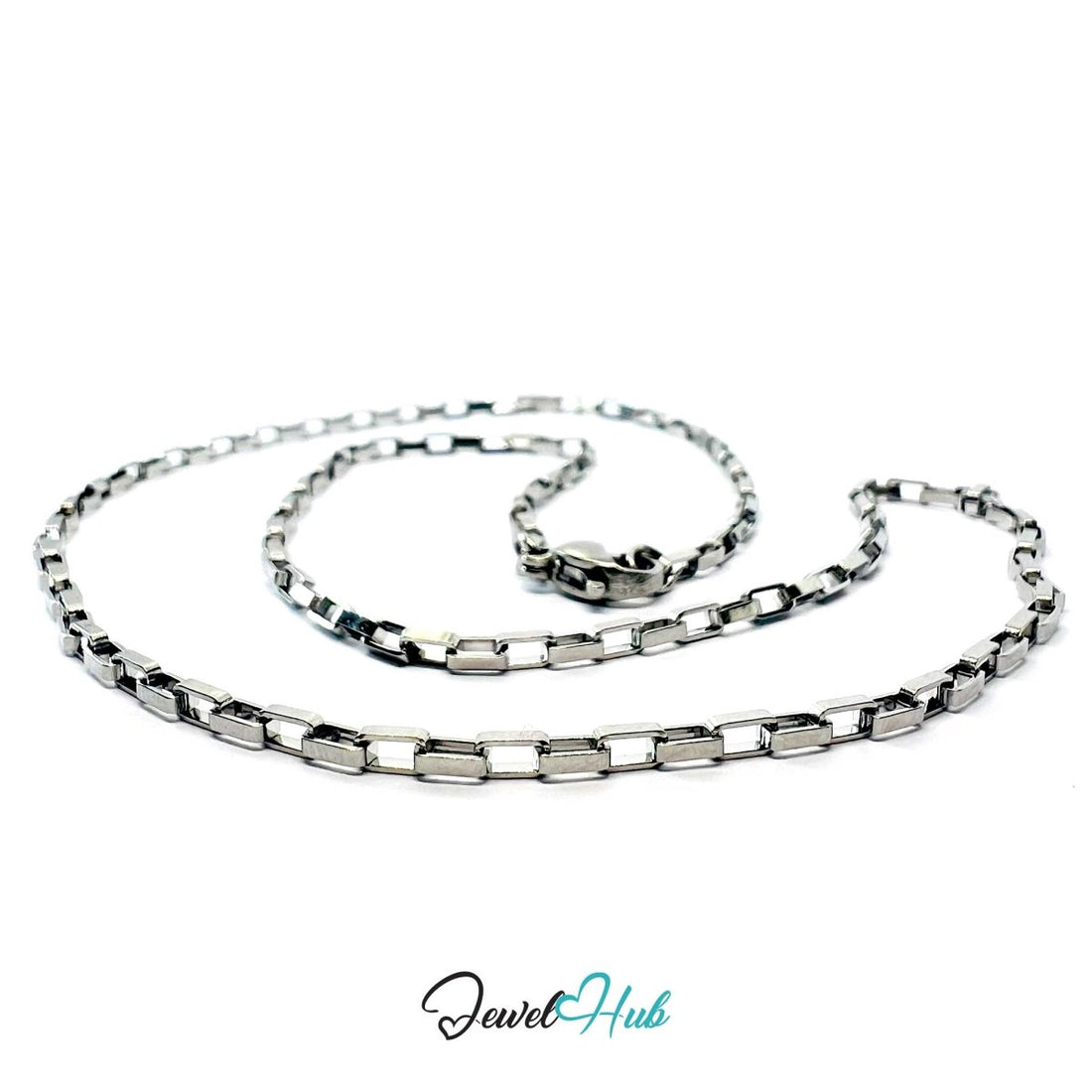 Silver Stainless Steel Rectangular Box Chain Necklace 2×3.5mm | 45cm or 60cm - JewelHub.co.uk