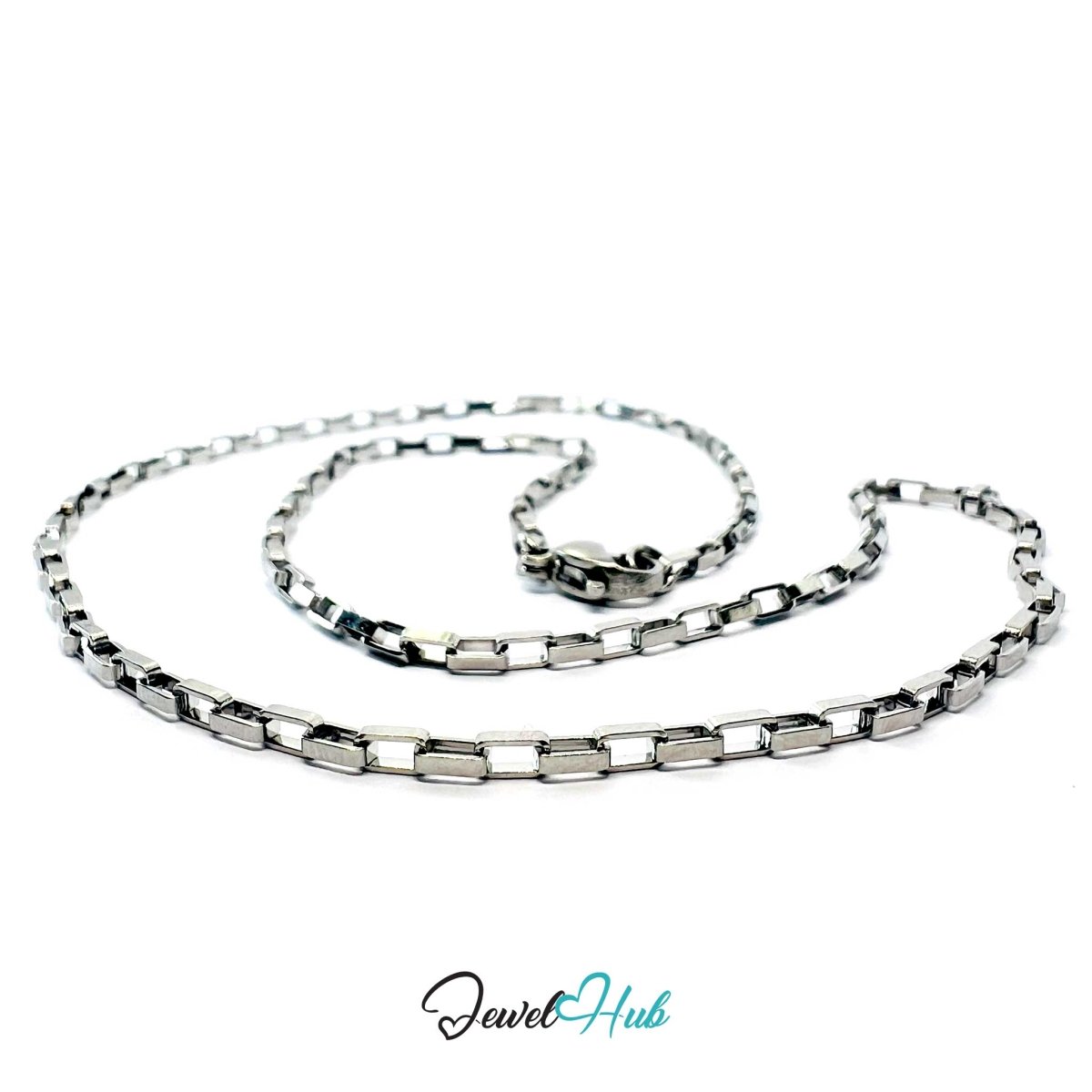 Silver Stainless Steel Rectangular Box Chain Necklace 2×3.5mm | 45cm or 60cm - JewelHub.co.uk