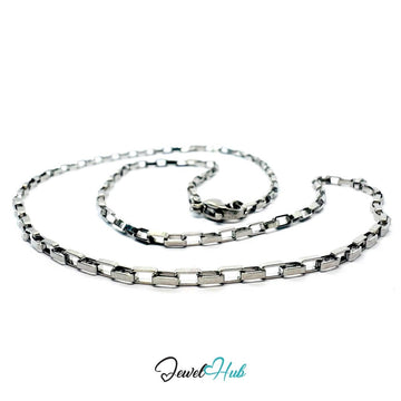Silver Stainless Steel Rectangular Box Chain Necklace 2×3.5mm | 45cm or 60cm - JewelHub.co.uk