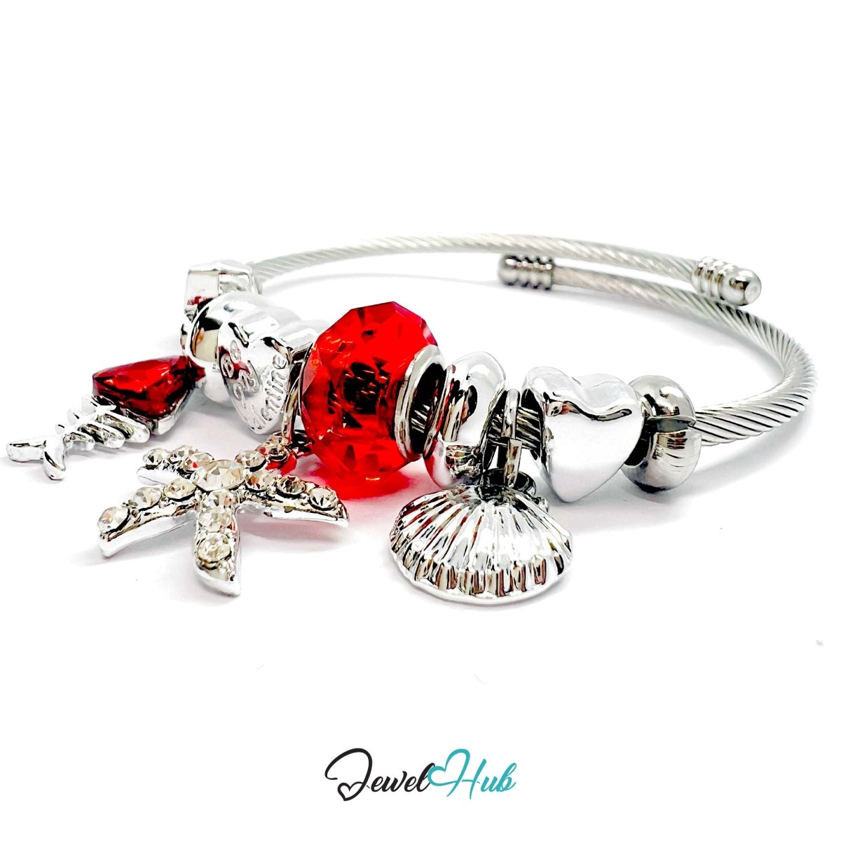 Silver Stainless Steel Red Fishbone, Starfish & Shell Charm Bangle - JewelHub.co.uk
