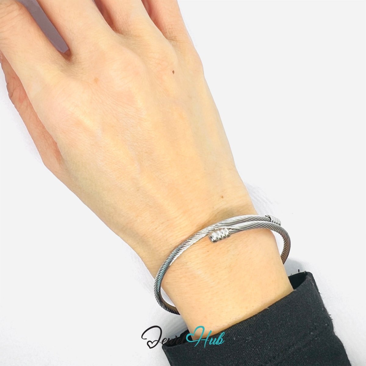 Silver Stainless Steel Rope Cuff – Sculptural Twist Design - JewelHub.co.uk