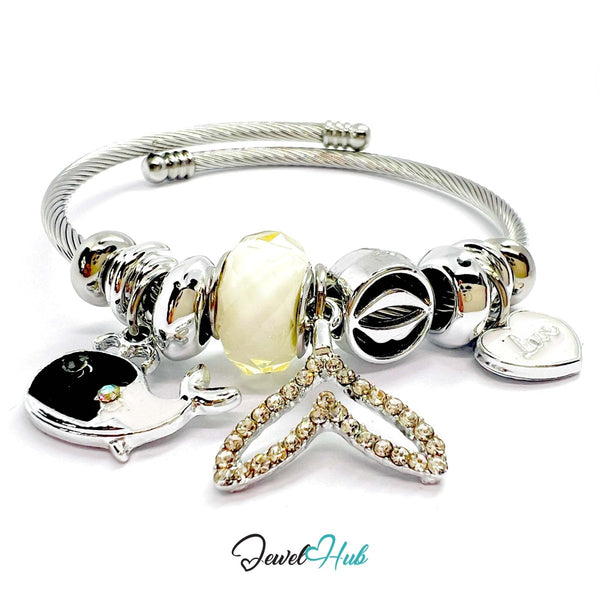 Silver Stainless Steel White Fishtail, Love & Whale Charm Bangle - JewelHub.co.uk