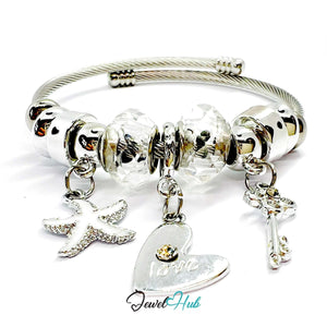 Silver Stainless Steel White Heart Key Starfish Charm Bangle - JewelHub.co.uk