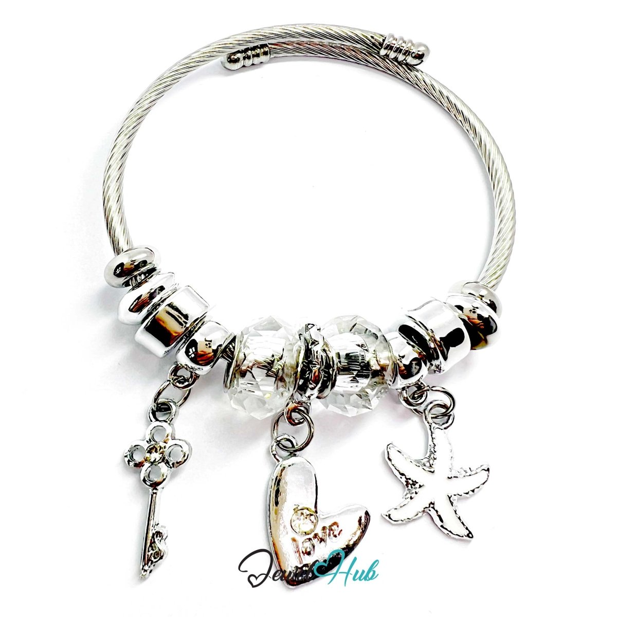 Silver Stainless Steel White Heart Key Starfish Charm Bangle - JewelHub.co.uk