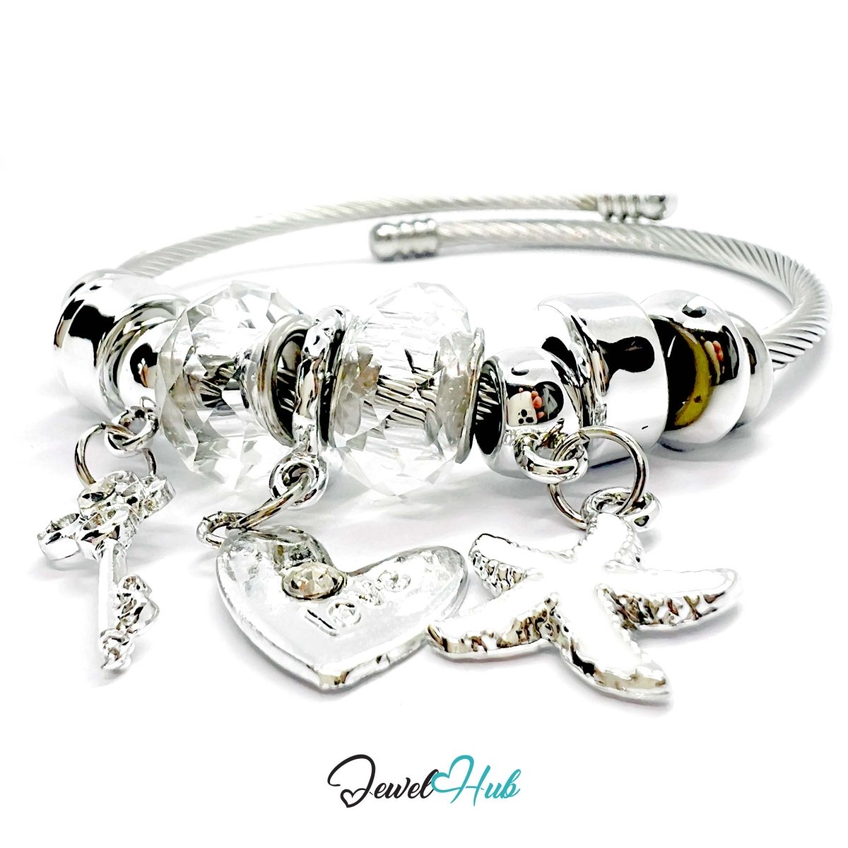 Silver Stainless Steel White Heart Key Starfish Charm Bangle - JewelHub.co.uk