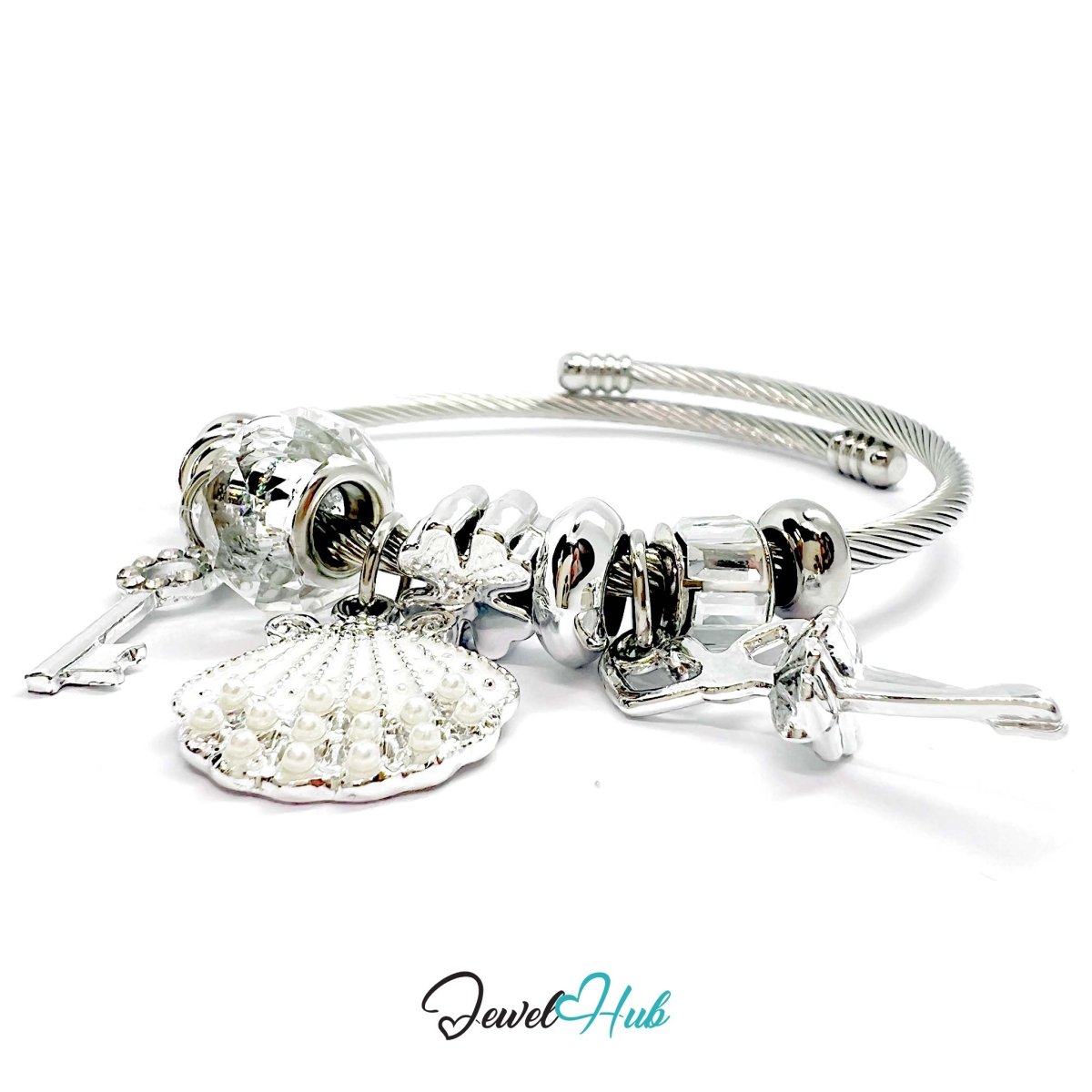 Silver Stainless Steel White Pearl Shell, Key & Ballet Charm Bangle - JewelHub.co.uk