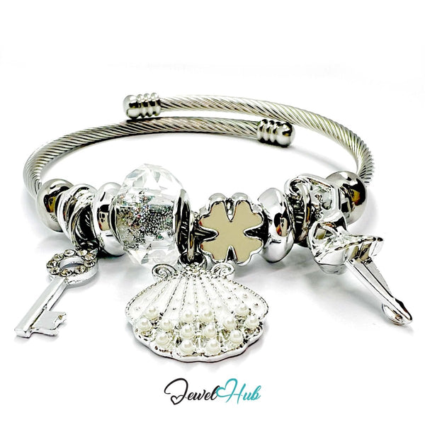 Silver Stainless Steel White Pearl Shell, Key & Ballet Charm Bangle - JewelHub.co.uk