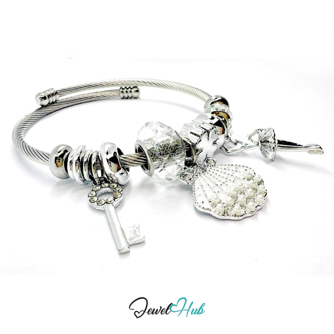 Silver Stainless Steel White Pearl Shell, Key & Ballet Charm Bangle - JewelHub.co.uk