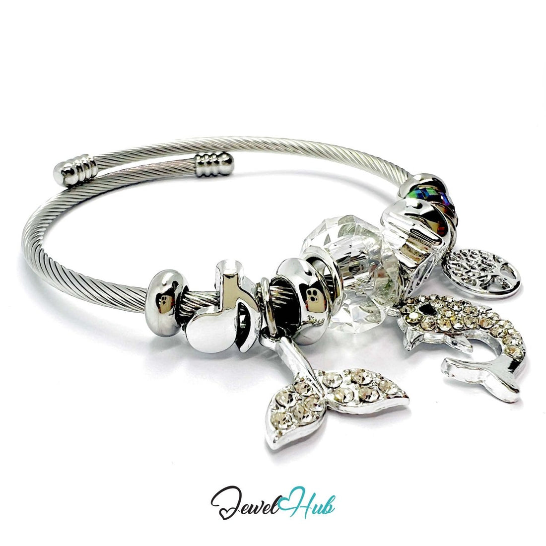 Silver Stainless Steel White Whale, Fishtail & Tree Charm Bangle - JewelHub.co.uk