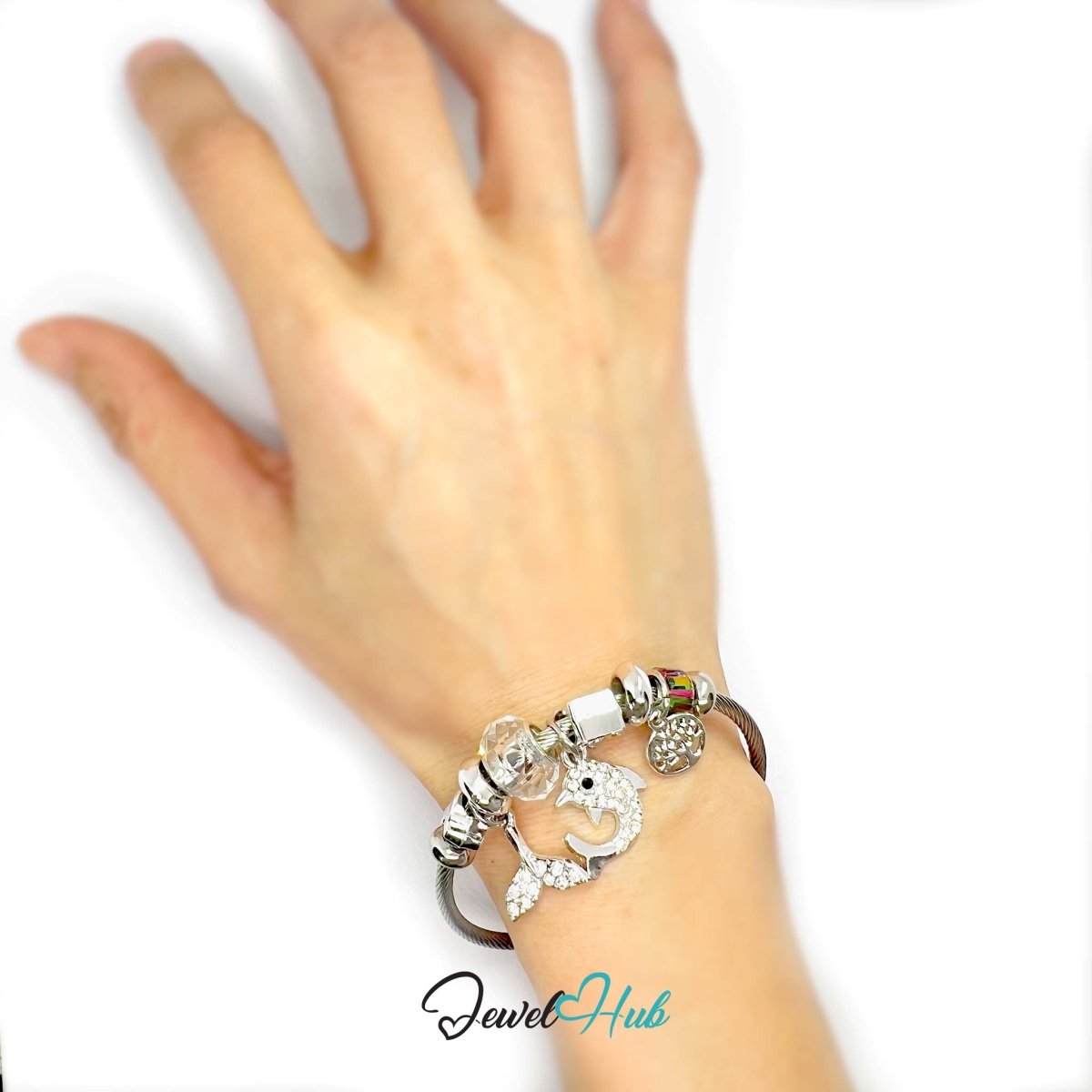 Silver Stainless Steel White Whale, Fishtail & Tree Charm Bangle - JewelHub.co.uk
