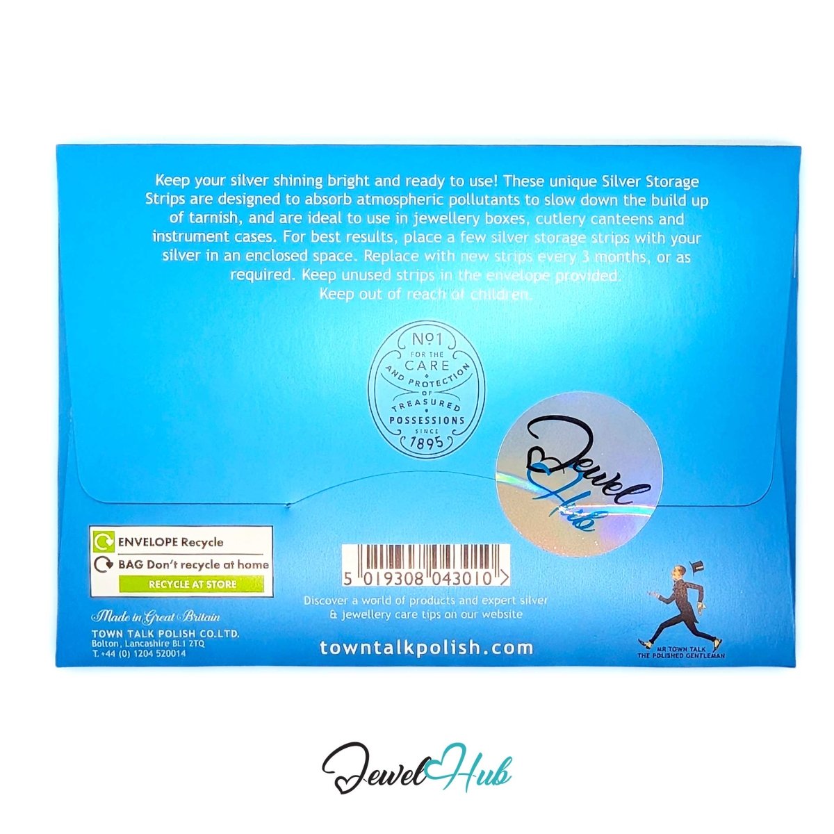 The back of a blue Town of Lamark Silver Storage Strip envelope, showing product instructions, a barcode, a circular seal, and recycling information, with the Town of Lamark logo and a Jewell Hub watermark.