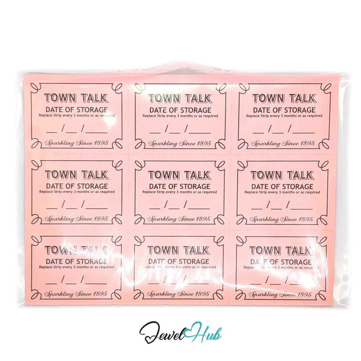 Sealed pack of nine pink Town Talk Silver Storage Strips with date-of-storage panels, on a white background — JewelHub.