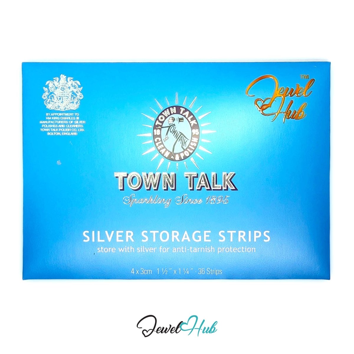 A blue box of Town Talk Silver Storage Strips by Jewel Hub, containing 4 strips of 3cm length, shown on a white background with a Jewel Hub watermark.