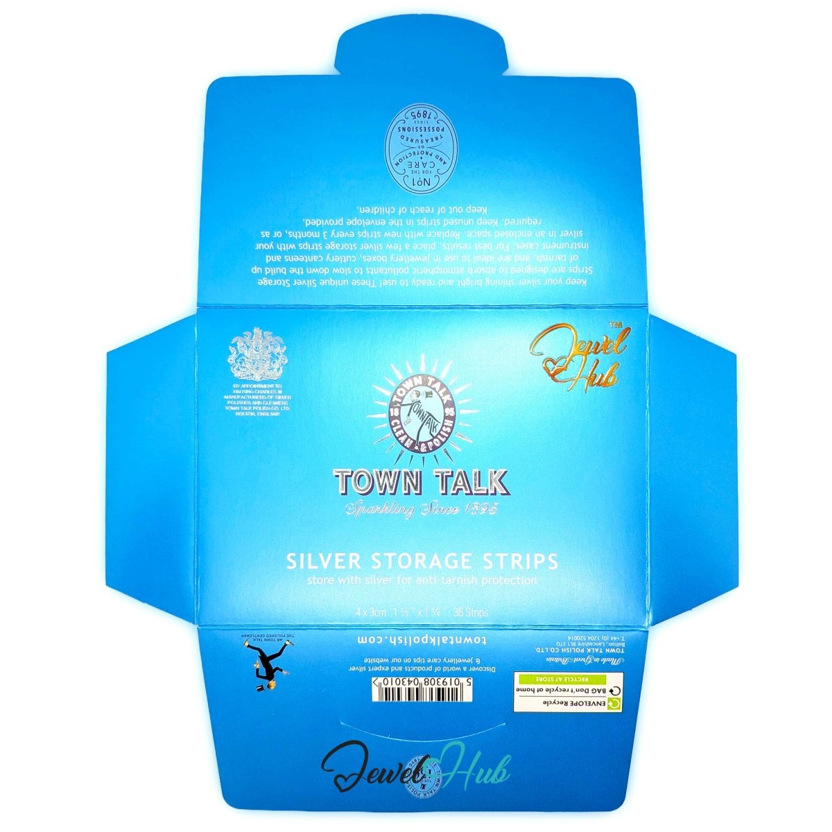 Blue cardboard packaging box for Town Talk Silver Storage Strips by Jewel Hub, shown open against a white background.