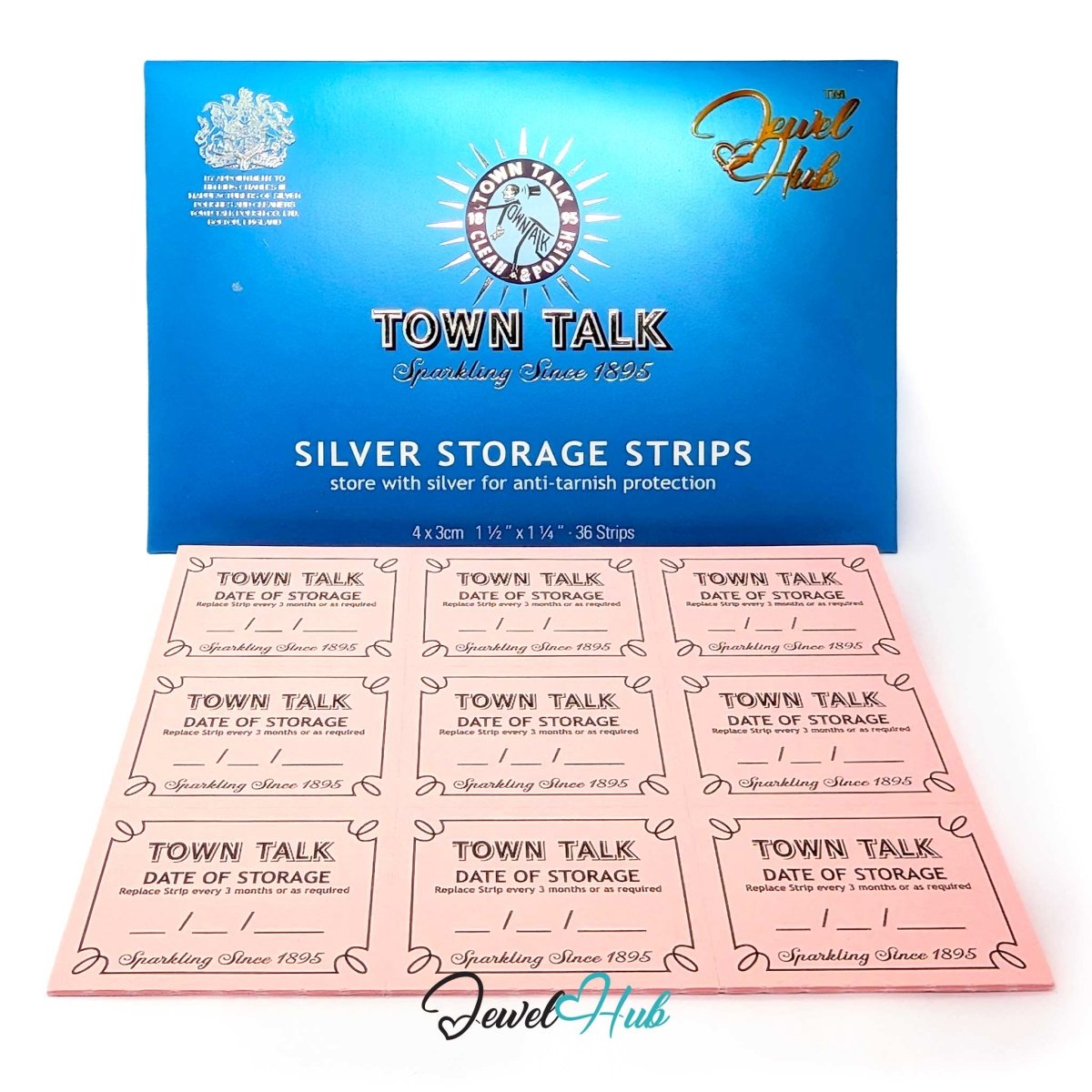 A box of Town Talk Silver Storage Strips with a blue lid, shown above nine individual pale pink storage strips laid out on a white background. The brand Jewel Hub is visible as a watermark/logo in the top right and bottom center.