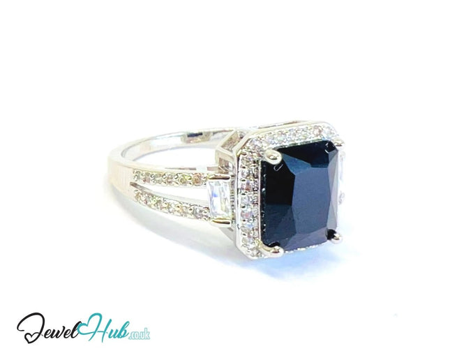 Silver - tone Copper · UK R · US 9 · Black Center Stone · CZ Geometry 🔱 Obsidian Frame Ring - JewelHub.co.uk