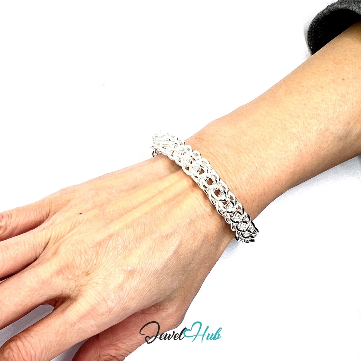 Silver Woven - Ring 925 Sterling Chain Bracelet – Adjustable - JewelHub.co.uk