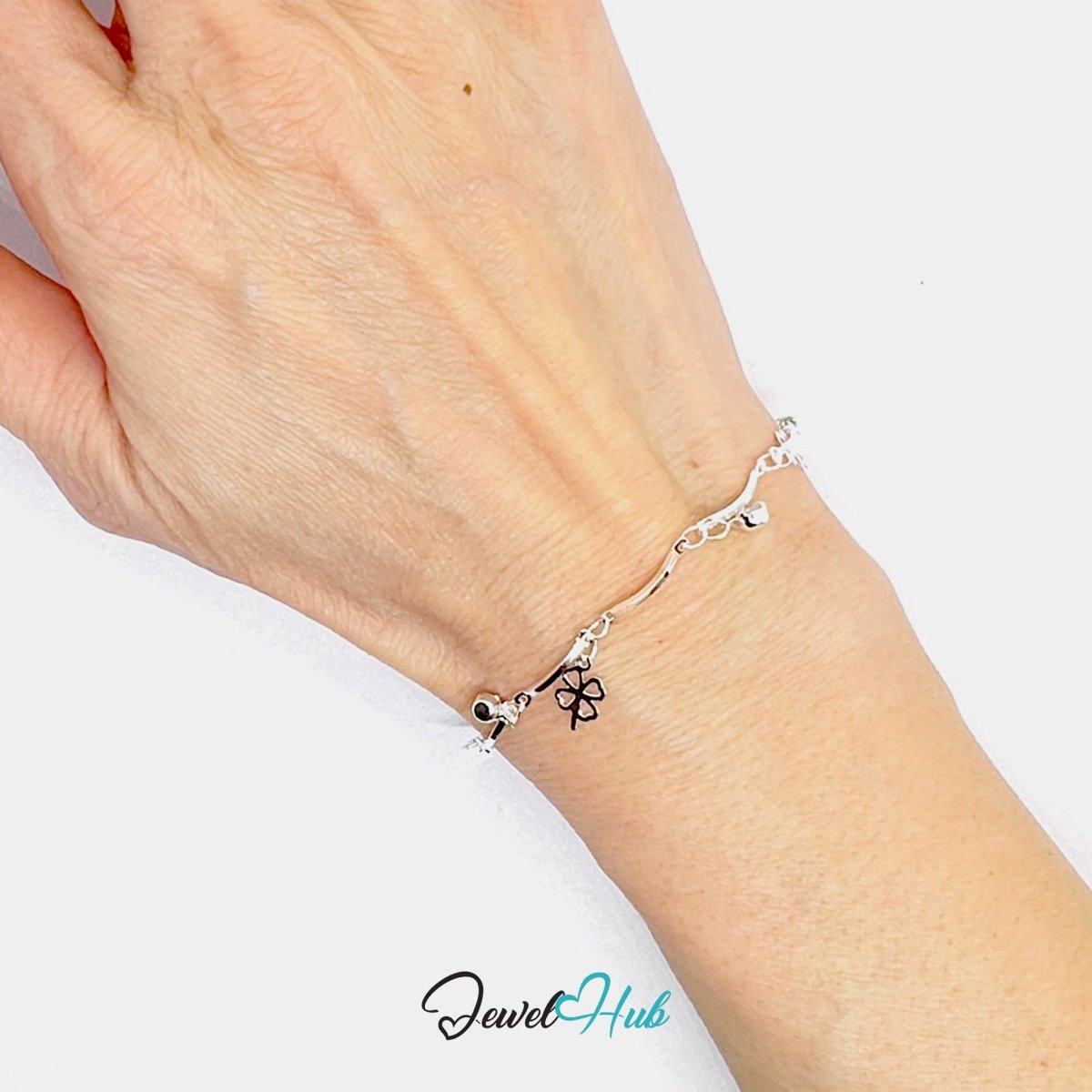 SilverLeaf 925 Charm Bracelet with Cubic Zirconia – Adjustable 18–20cm - JewelHub.co.uk