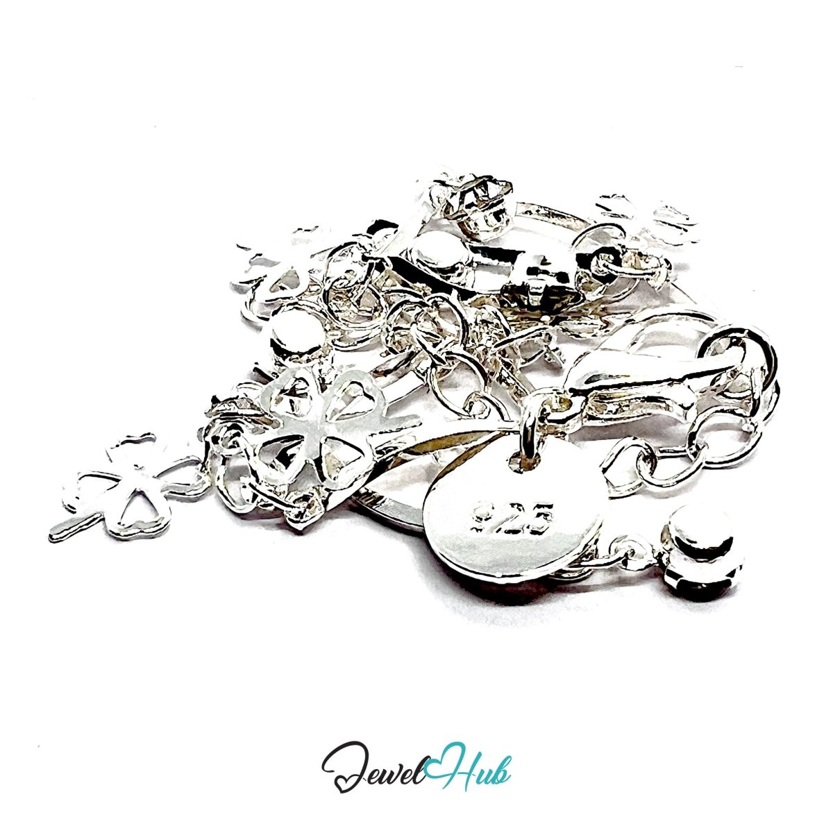 SilverLeaf 925 Charm Bracelet with Cubic Zirconia – Adjustable 18–20cm - JewelHub.co.uk
