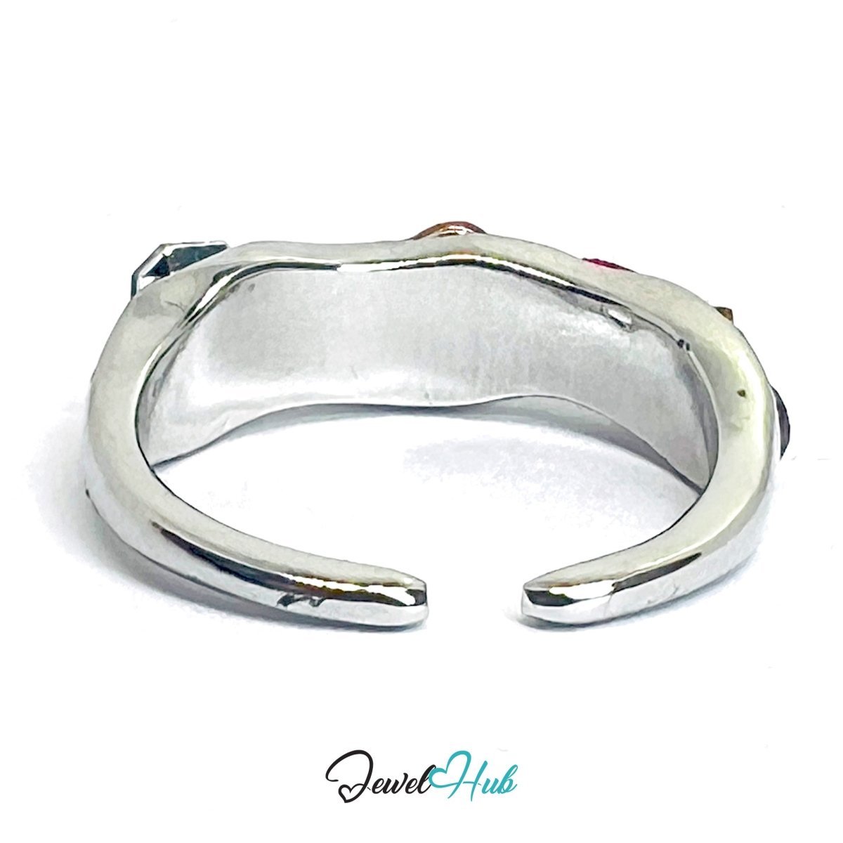 Silver‑Plated Multi Gem Heart Zinc Alloy Ring – Pink & Orange MN Band - JewelHub.co.uk