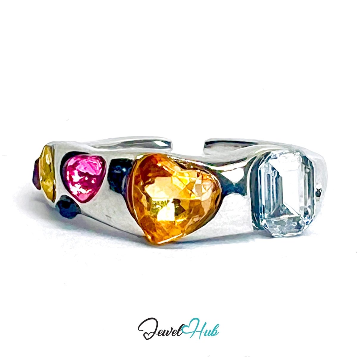 Silver‑Plated Multi Gem Heart Zinc Alloy Ring – Pink & Orange MN Band - JewelHub.co.uk