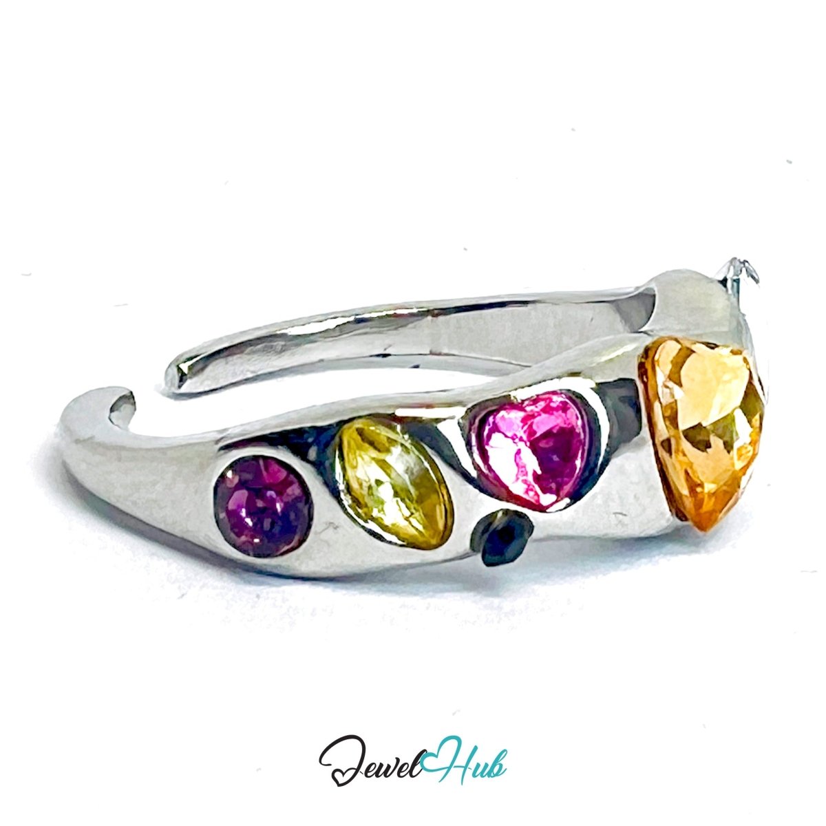 Silver‑Plated Multi Gem Heart Zinc Alloy Ring – Pink & Orange MN Band - JewelHub.co.uk
